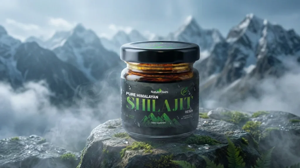 Nature Elixirs Pure Himalayan Shilajit resin jar displayed on natural stone, representing premium 18,000 ft high-altitude sourcing.